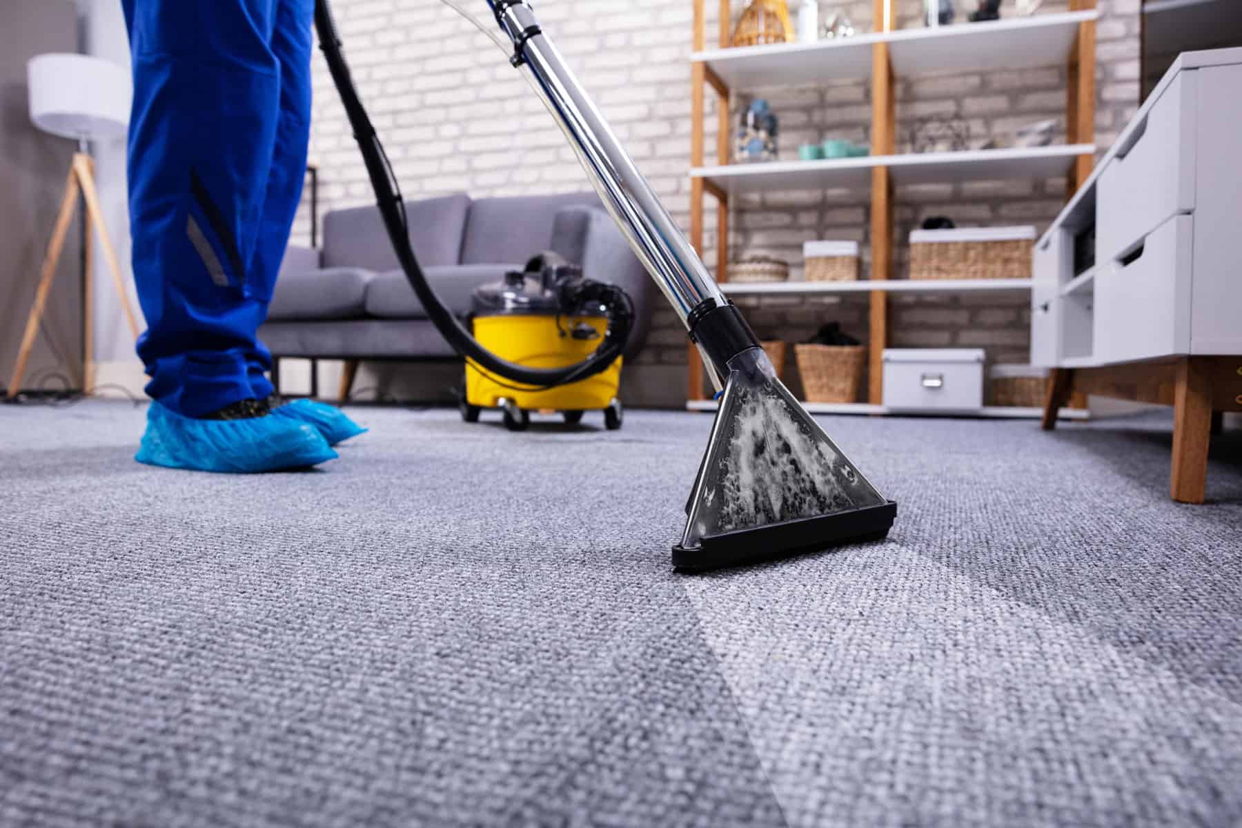 Professional carpet cleaning using a steam vacuum in a modern living room.